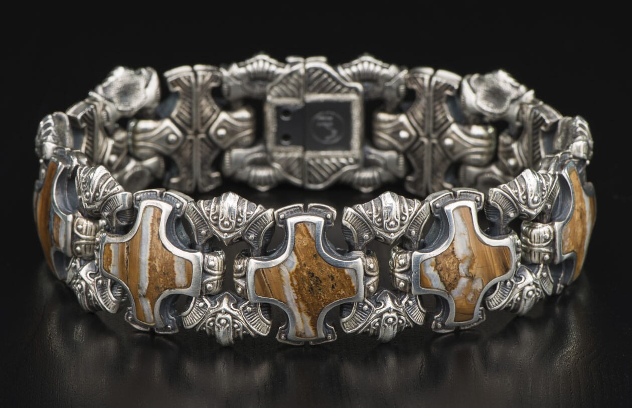 Sterling silver bracelet, inlaid with 10,000 year old fossil