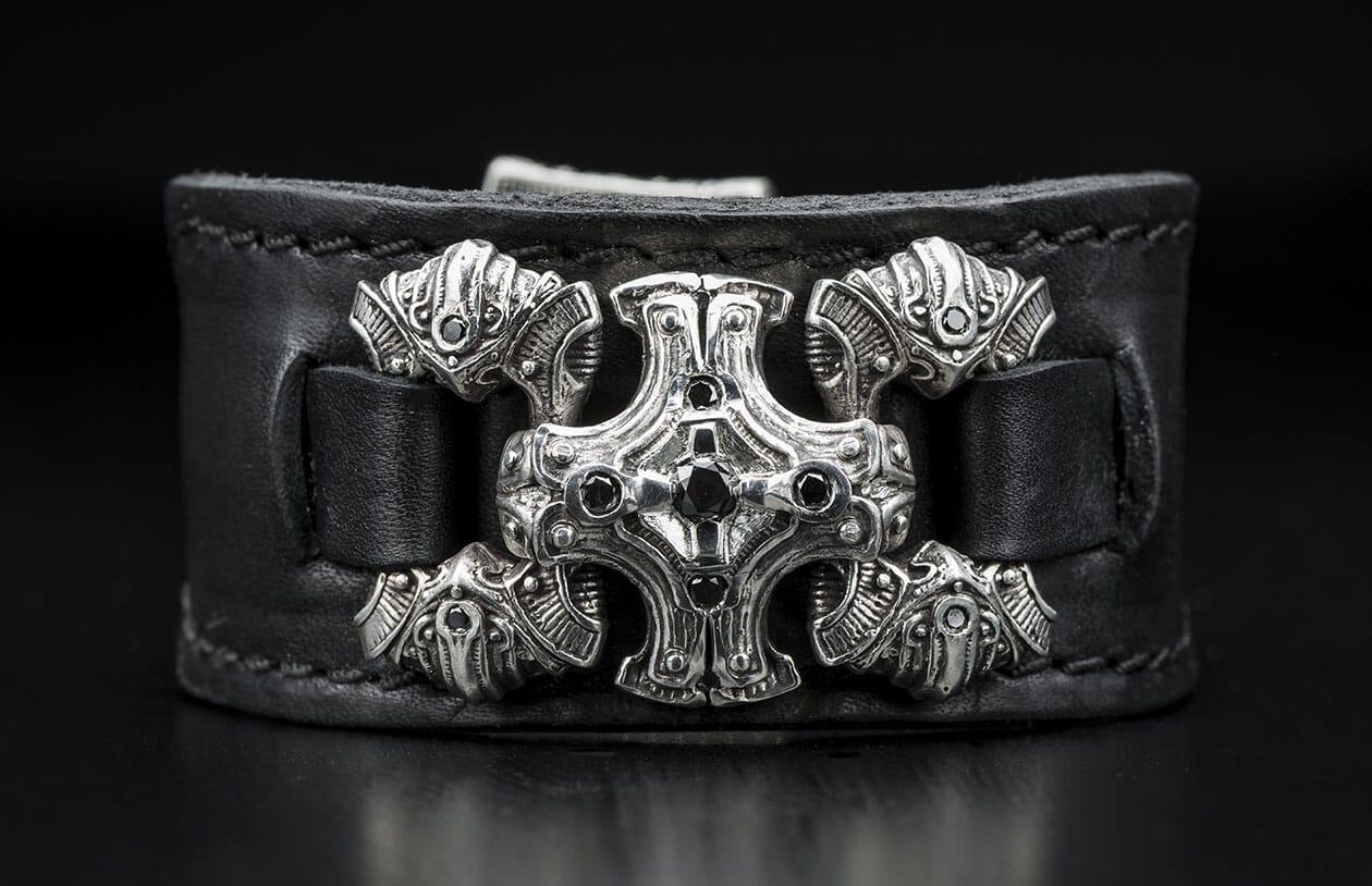 Power Chord Leather Cuff Bracelet for Men Inlaid with Black