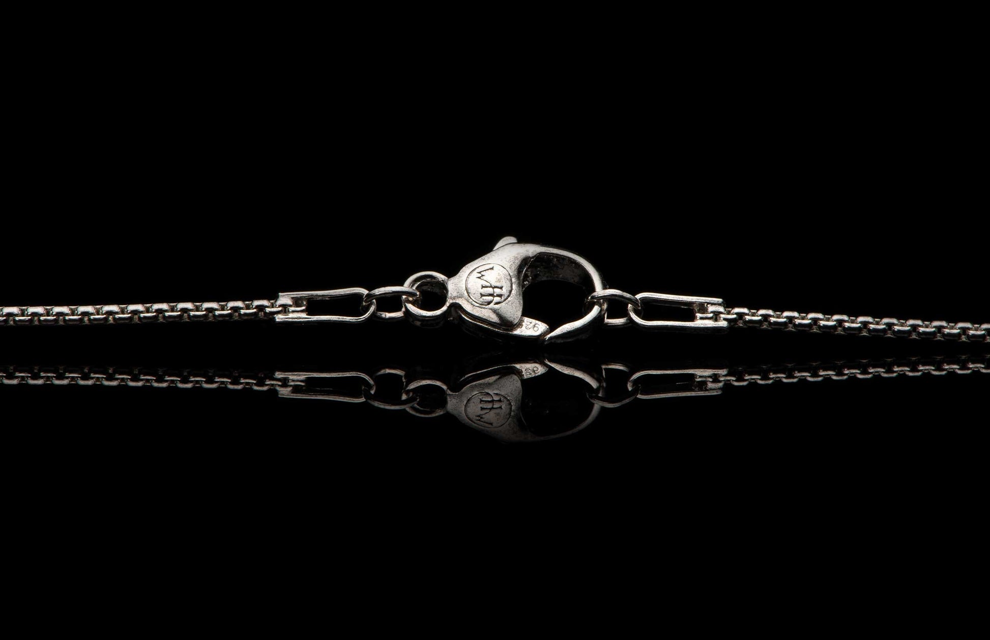 Sterling silver Box Chain necklace men's jewelry from William Henry. Image shows a detail view of the custom William Henry latch.