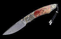 Ornate folding knife with Damascus steel blade, petrified wood handle, silver metal gears, and braided leather lanyard.