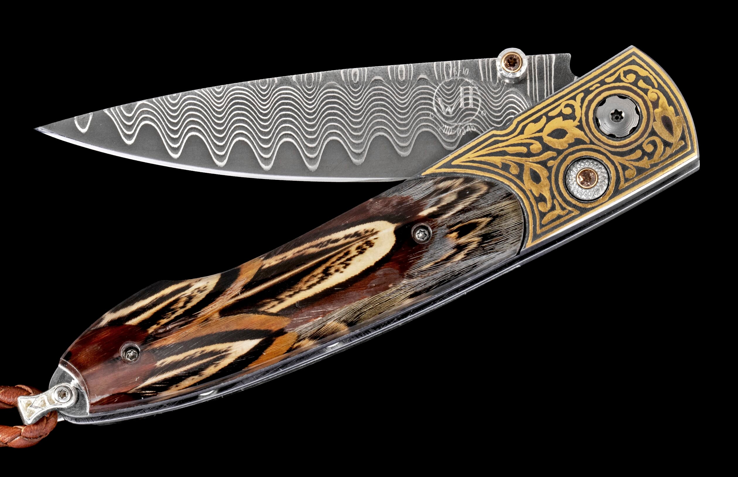 Custom folding knife with wavy Damascus blade, feather and gold filigree handle, and a brown leather lanyard.