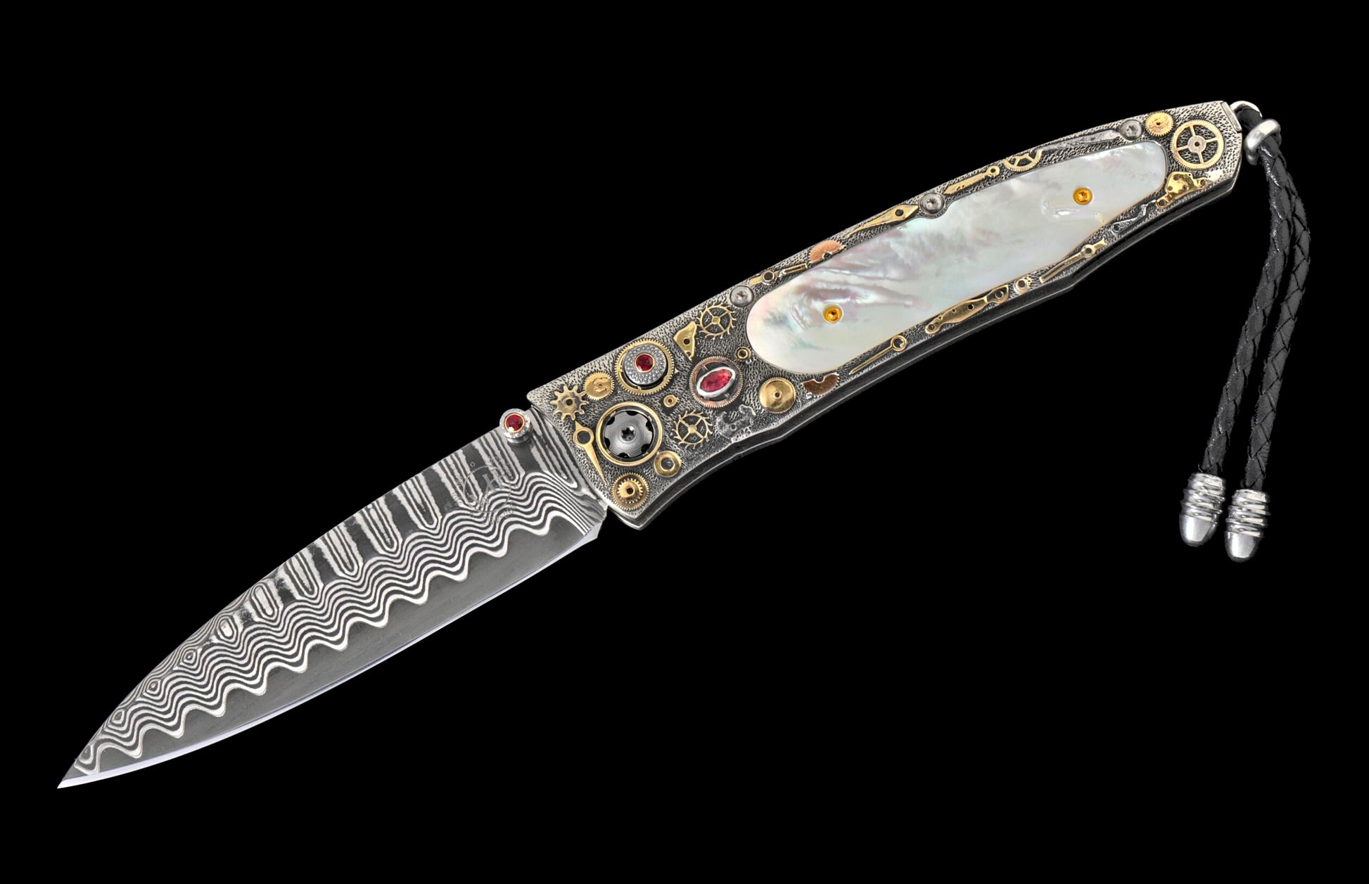 Steampunk-style folding knife with wavy Damascus steel blade, mother-of-pearl handle, gold gears, red gemstones, and black leather lanyard.
