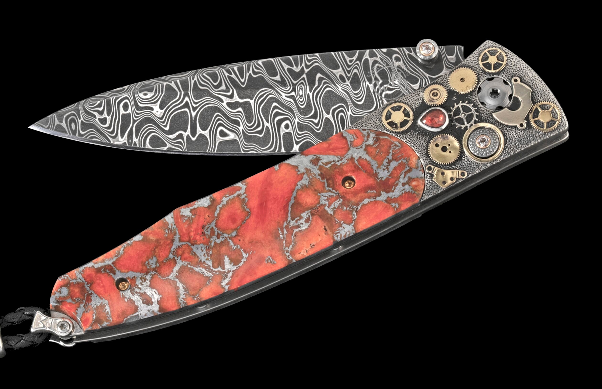 Partially open ornate folding knife with a patterned Damascus blade, mottled red and silver handle, and decorative metal gears with a red gem.