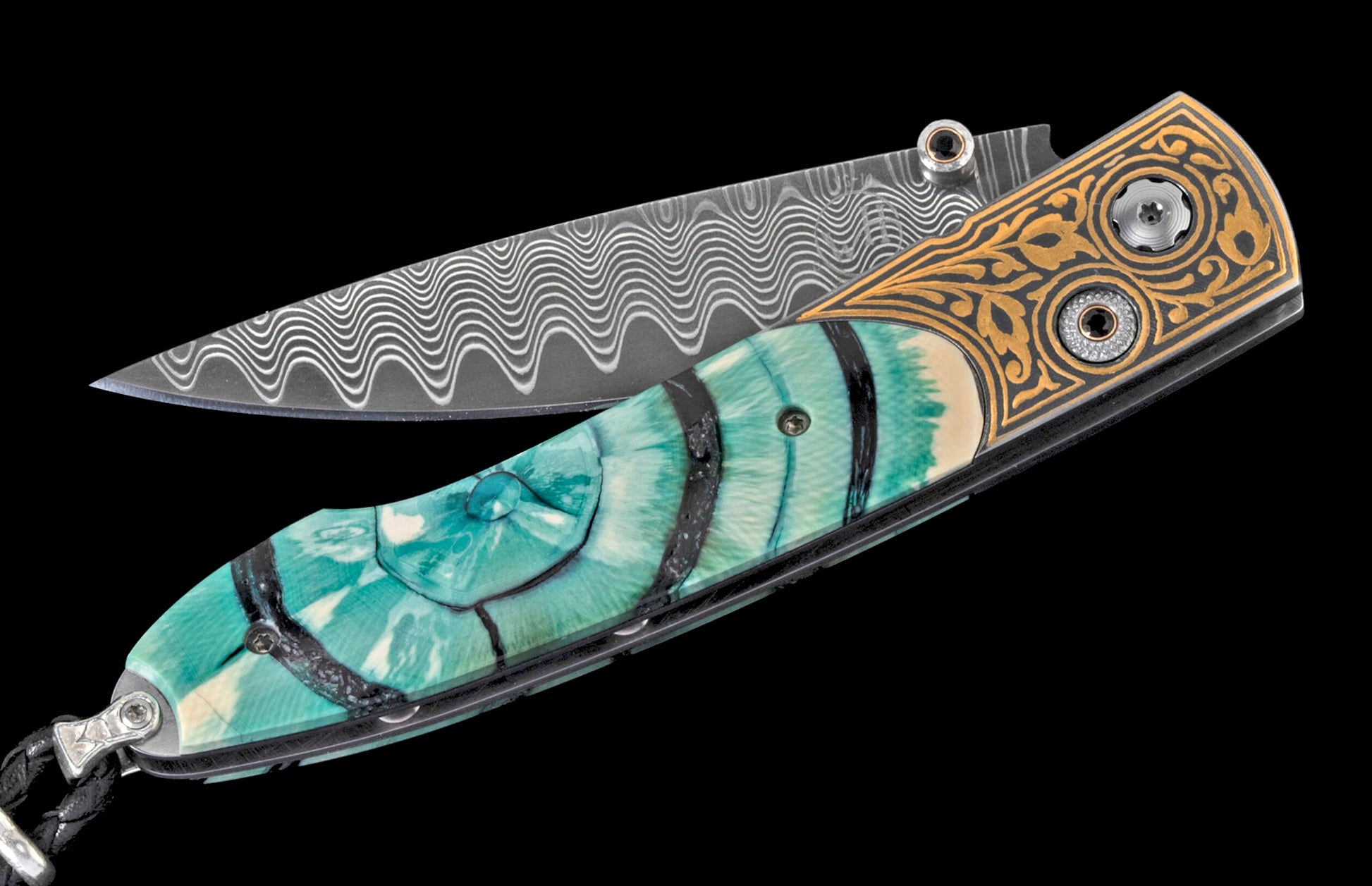 A folding knife with a wavy Damascus steel blade, ornate gold-etched metal, and a segmented teal and cream handle with black lines, shown partially open.