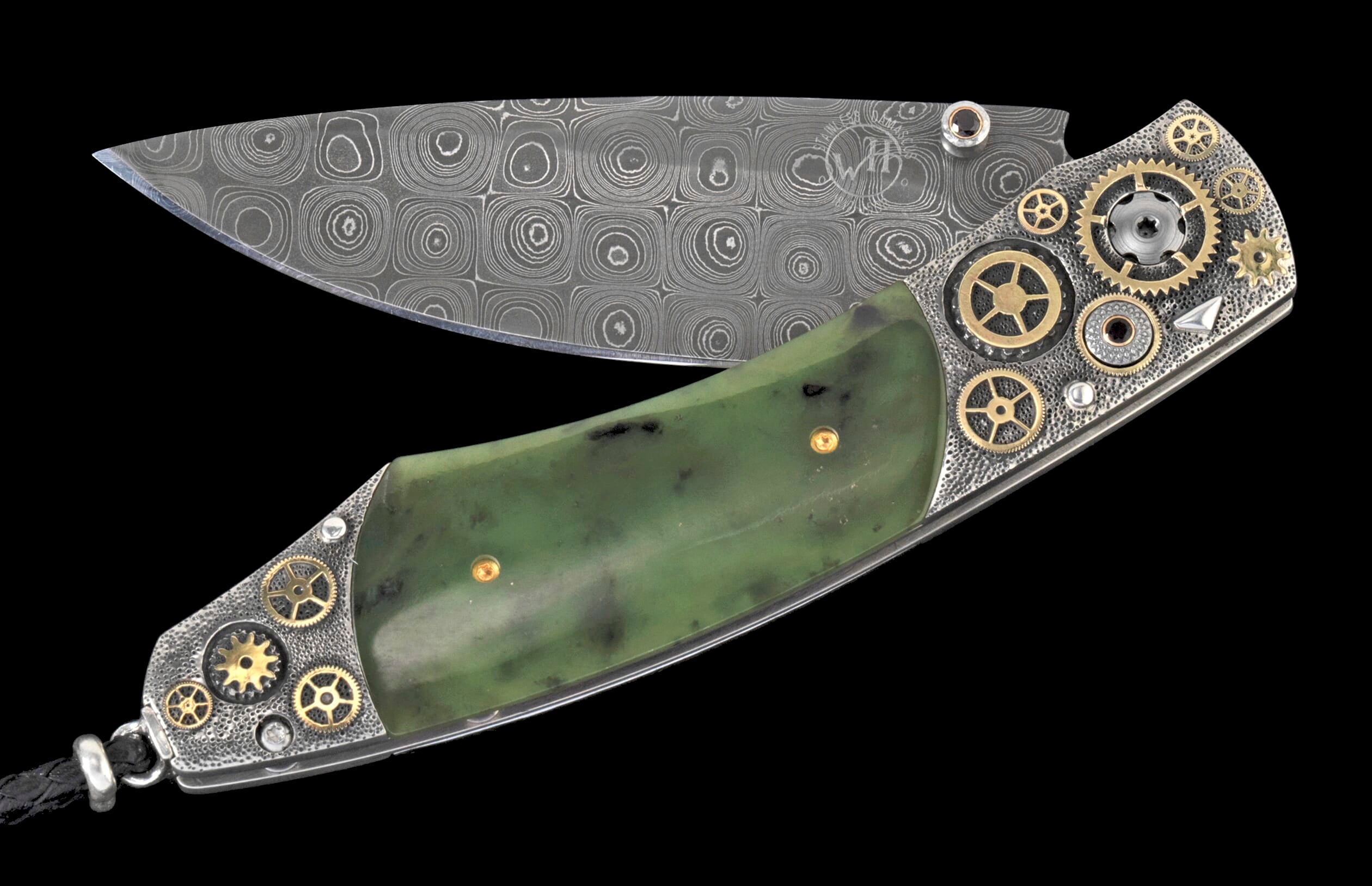 Damascus steel folding knife with a concentric pattern blade, green jade handle, and decorative brass gears on textured silver-tone metal.