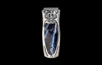 Silver-toned money clip with a blue and purple marbled inlay, featuring a fleur-de-lis, scrollwork, and studded accents.