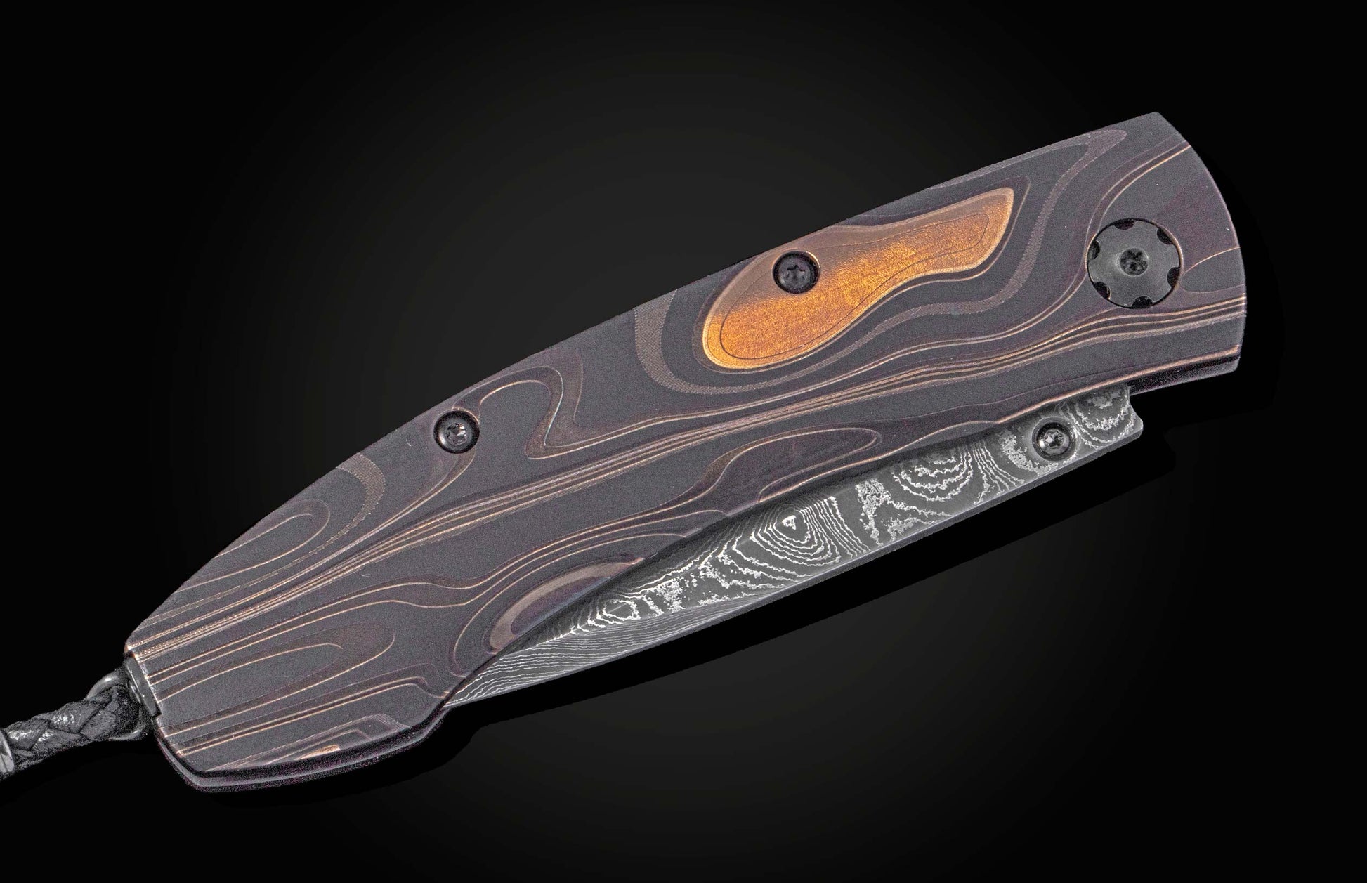 Dark Matter folding knife with wavy patterned handle and copper inlay, closed side view on black background
