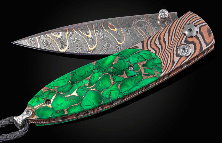 William Henry folding knife with mokume gane, Irish Green Stone, and damacus steel blade