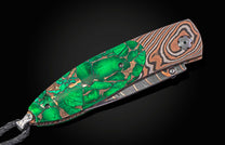 William Henry folding knife with mokume gane, Irish Green Stone, and damacus steel blade