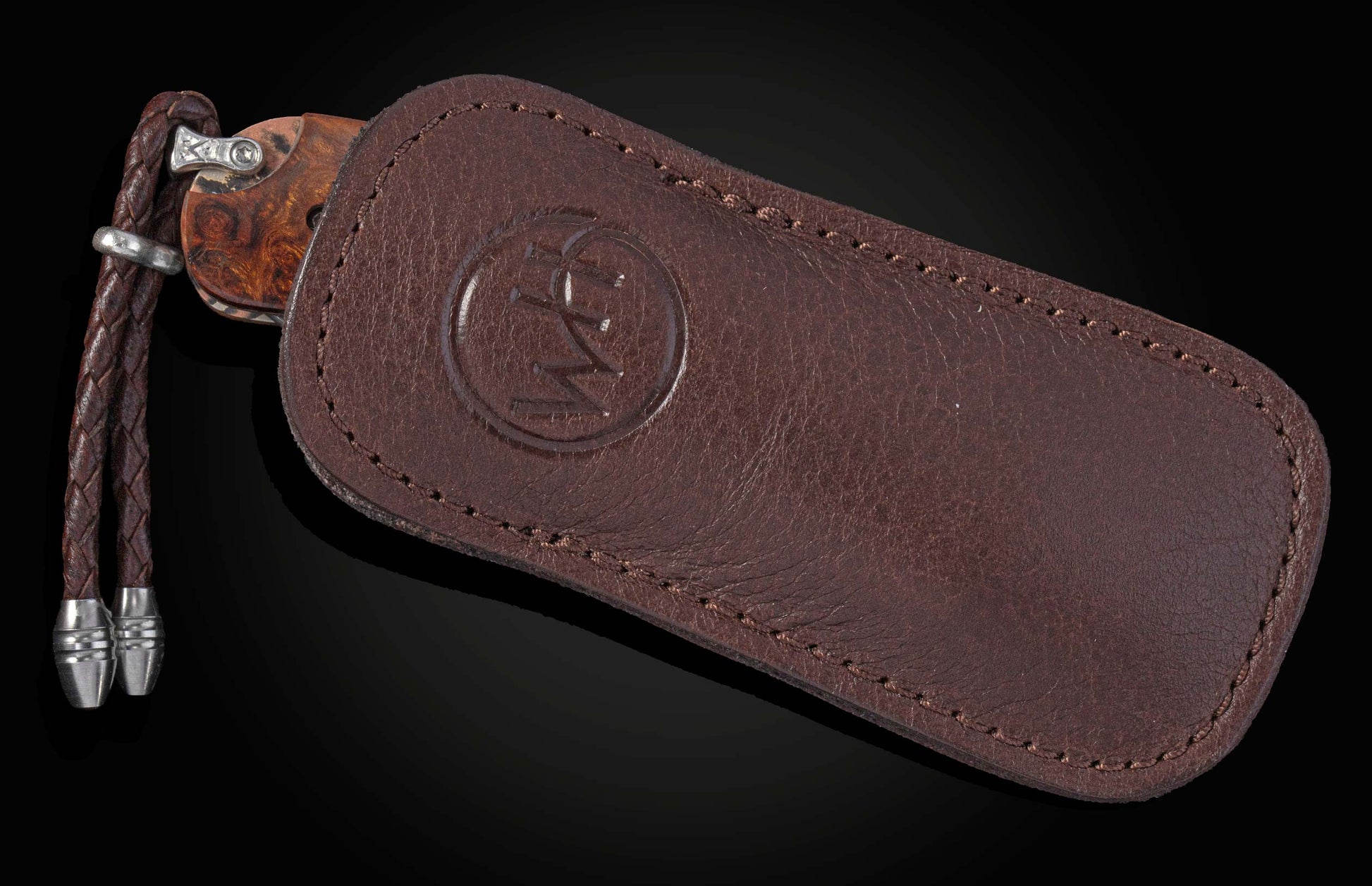 Brown leather case with a knife on a black background