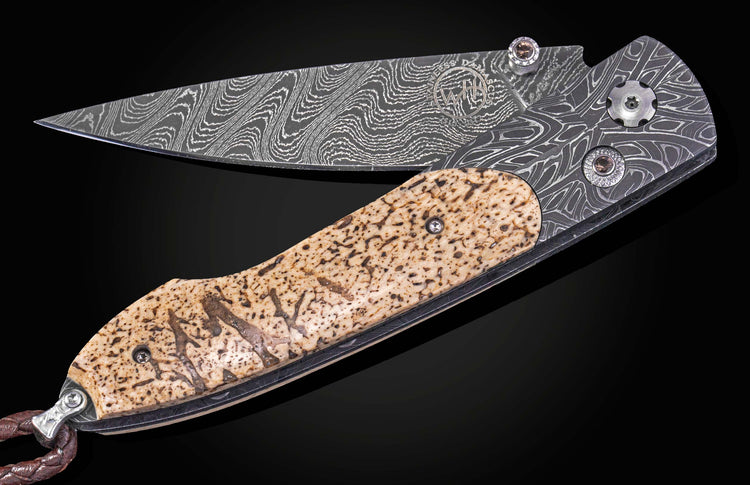 Folding knife with damascus blade and fossil walrus bone scales on a black background