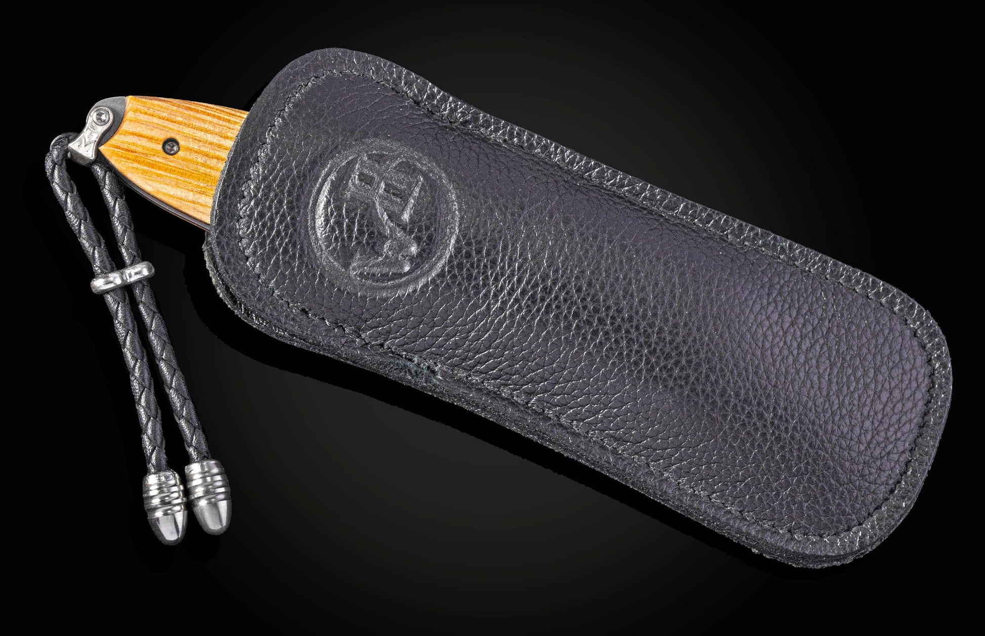 Damascus and titanium folding knife, inlaid with wood from the Gaylord Family Oklahoma Memorial Stadium bleachers