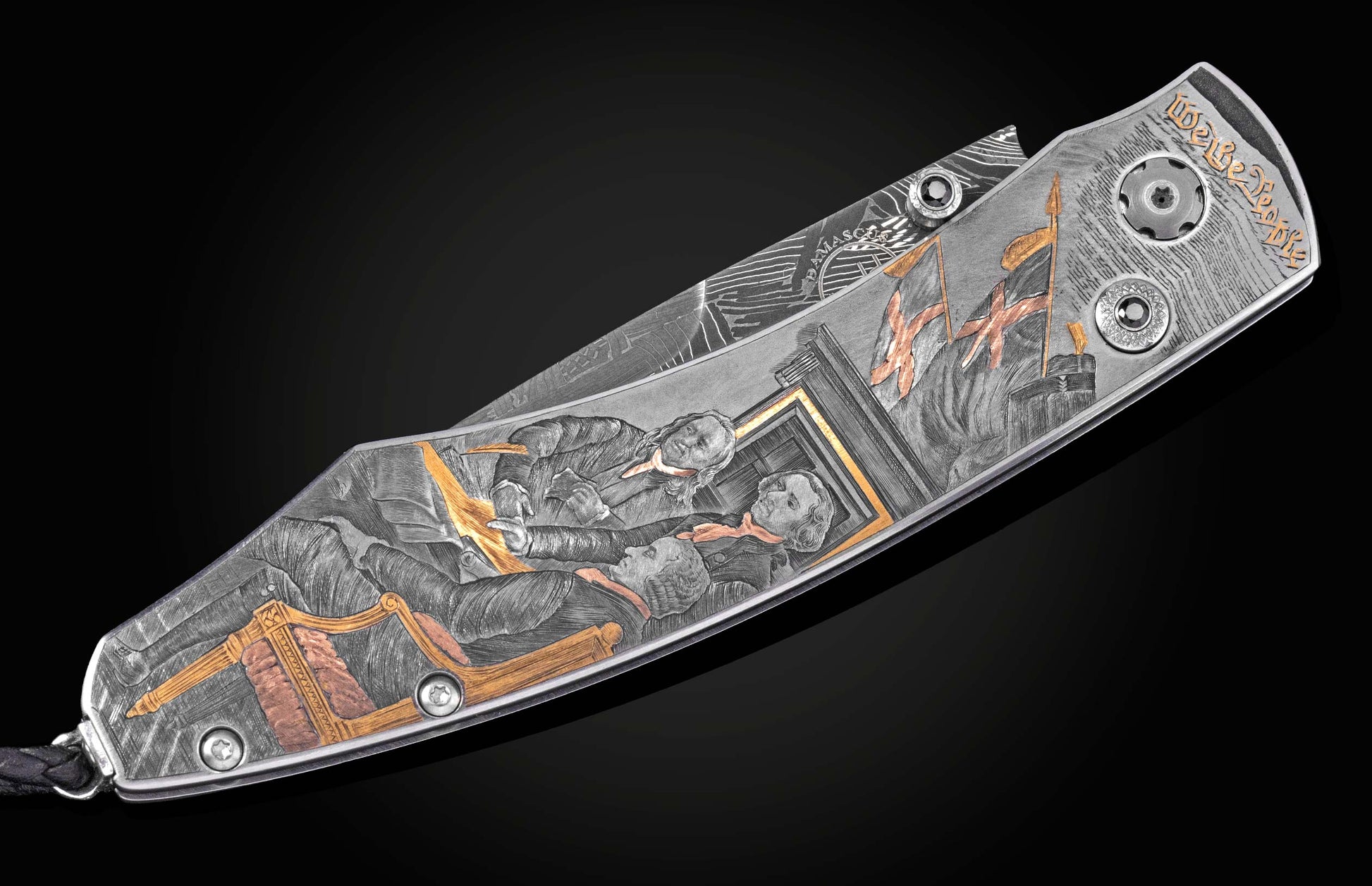 Silver folding knife with engraved historical figures and gold accents, by B12, side view with "We the People" inscription and detailed craftsmanship