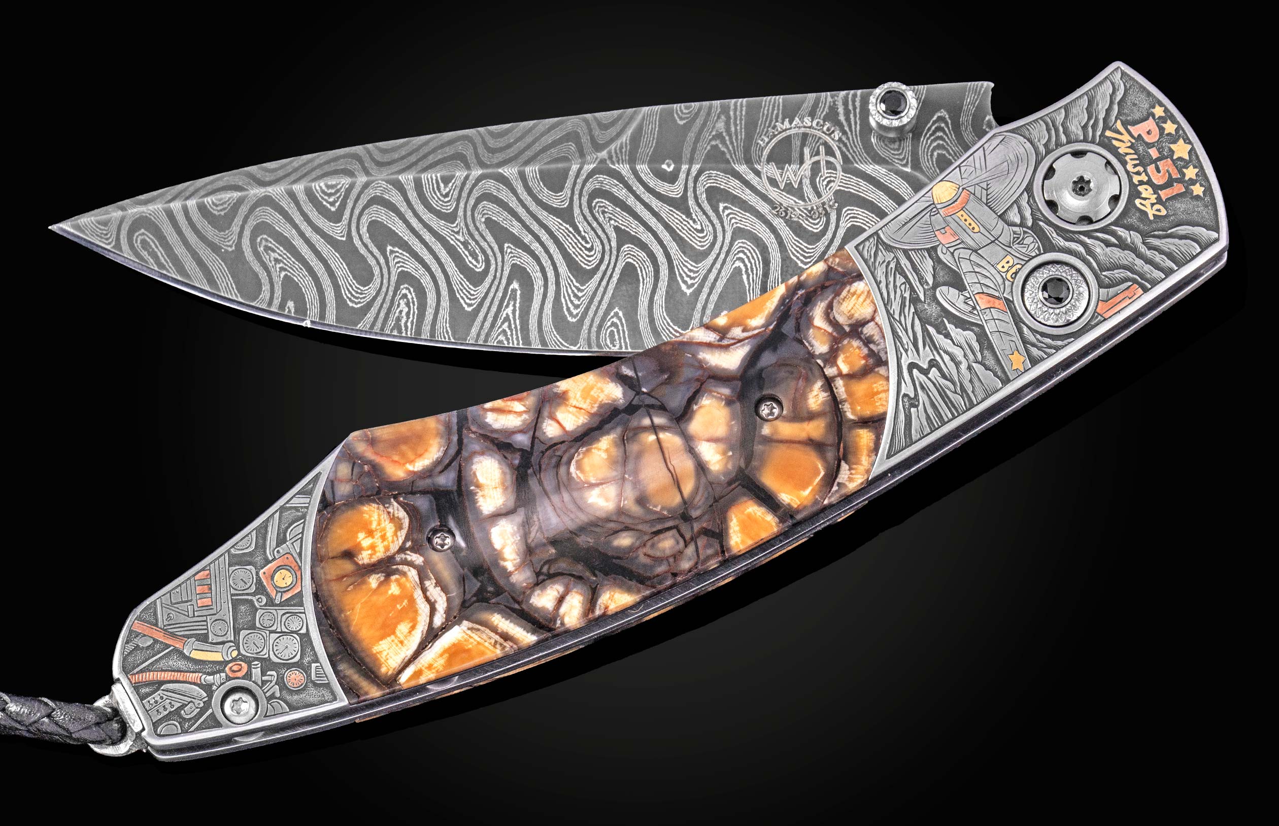 Damascus steel folding knife with amber jasper inlay and P-51 Mustang engraving, side view, luxury design