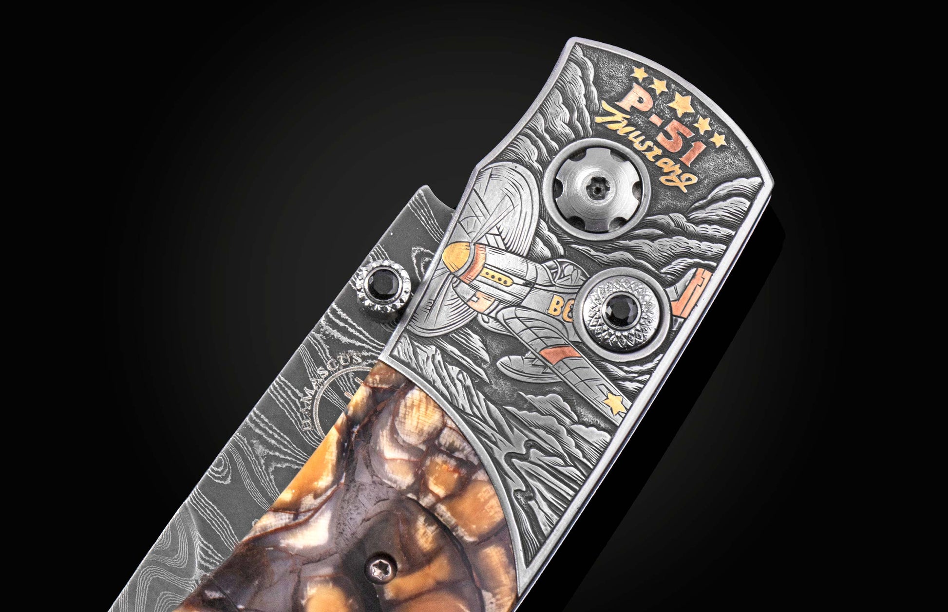 Luxury P-51 Mustang themed knife with engraved aircraft, amber resin handle, and damascus steel blade, side view