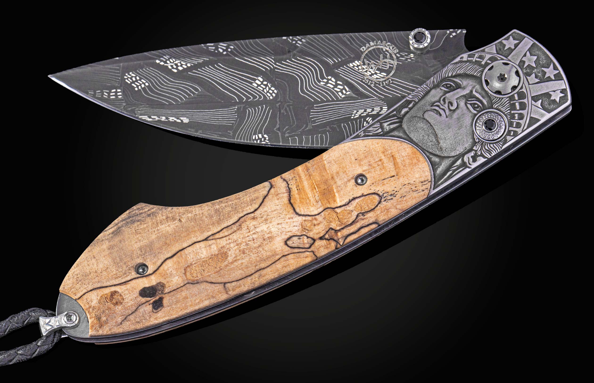 Folding knife with wooden handle and decorative blade on a black background