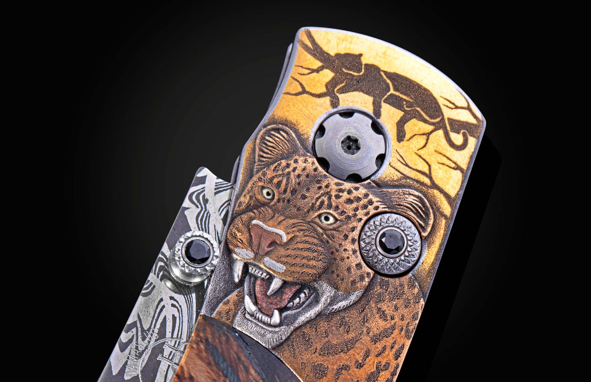 Decorative folding knife with detailed roaring leopard engraving on its bronze and silver handle and Damascus steel blade.