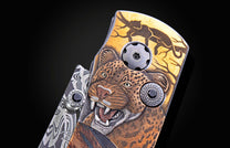 Decorative folding knife with detailed roaring leopard engraving on its bronze and silver handle and Damascus steel blade.