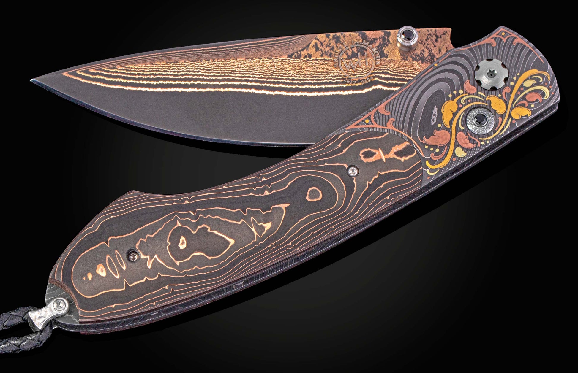 Folding knife with copper and carbon fiber handle on a black background shown slightly open