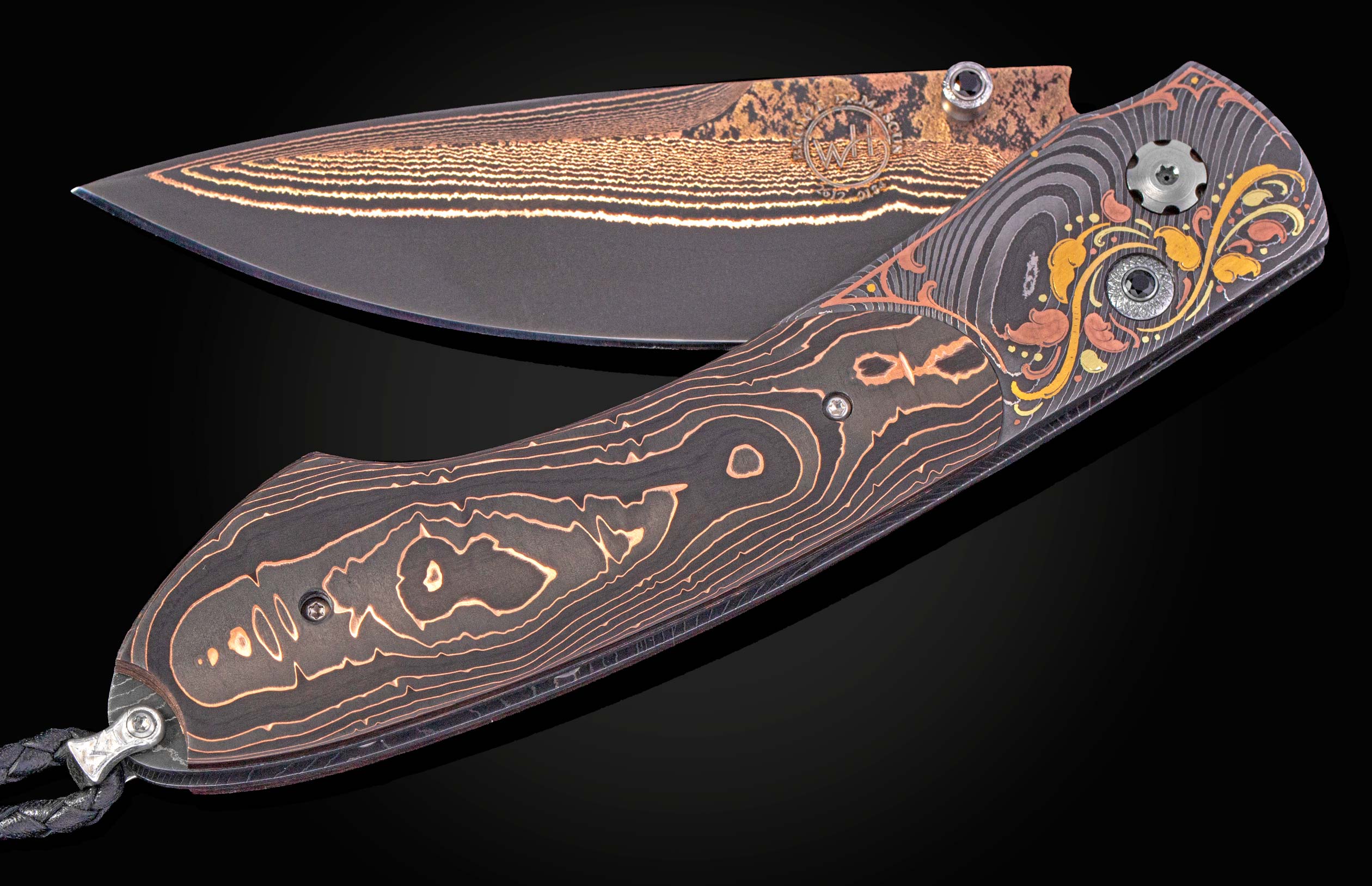 Folding knife with copper and carbon fiber handle on a black background shown slightly open