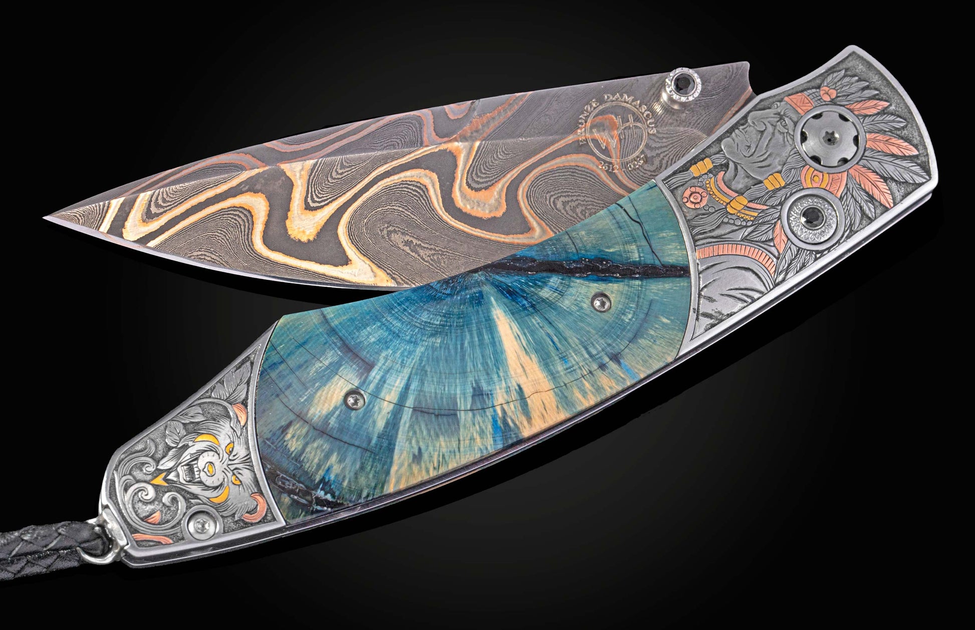 Decorative knife with hand engraved portrait of Native American with fossil wooly mammoth tusk on a black background