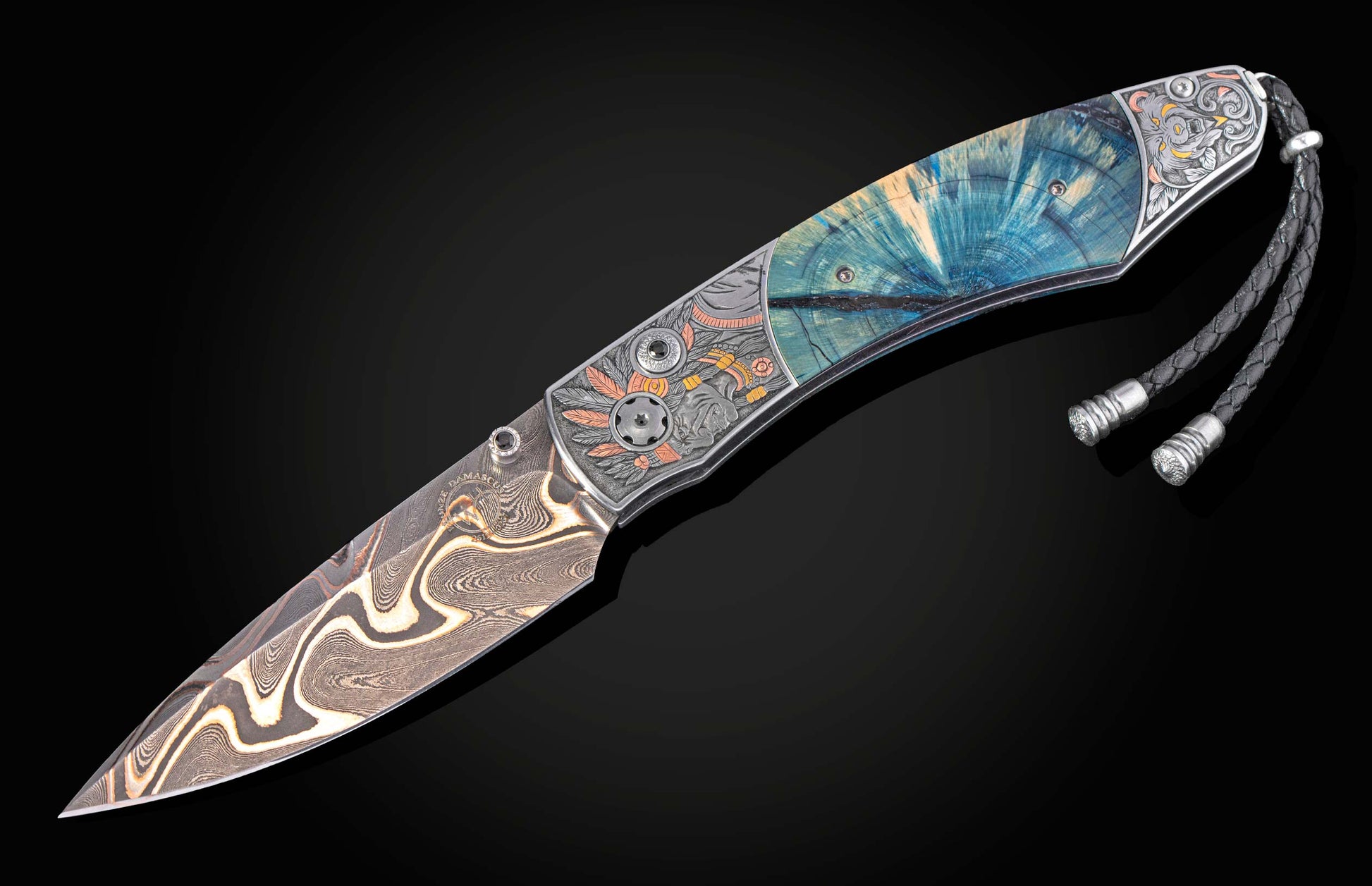 Decorative knife with hand engraved portrait of Native American with fossil wooly mammoth tusk shown open on a black background