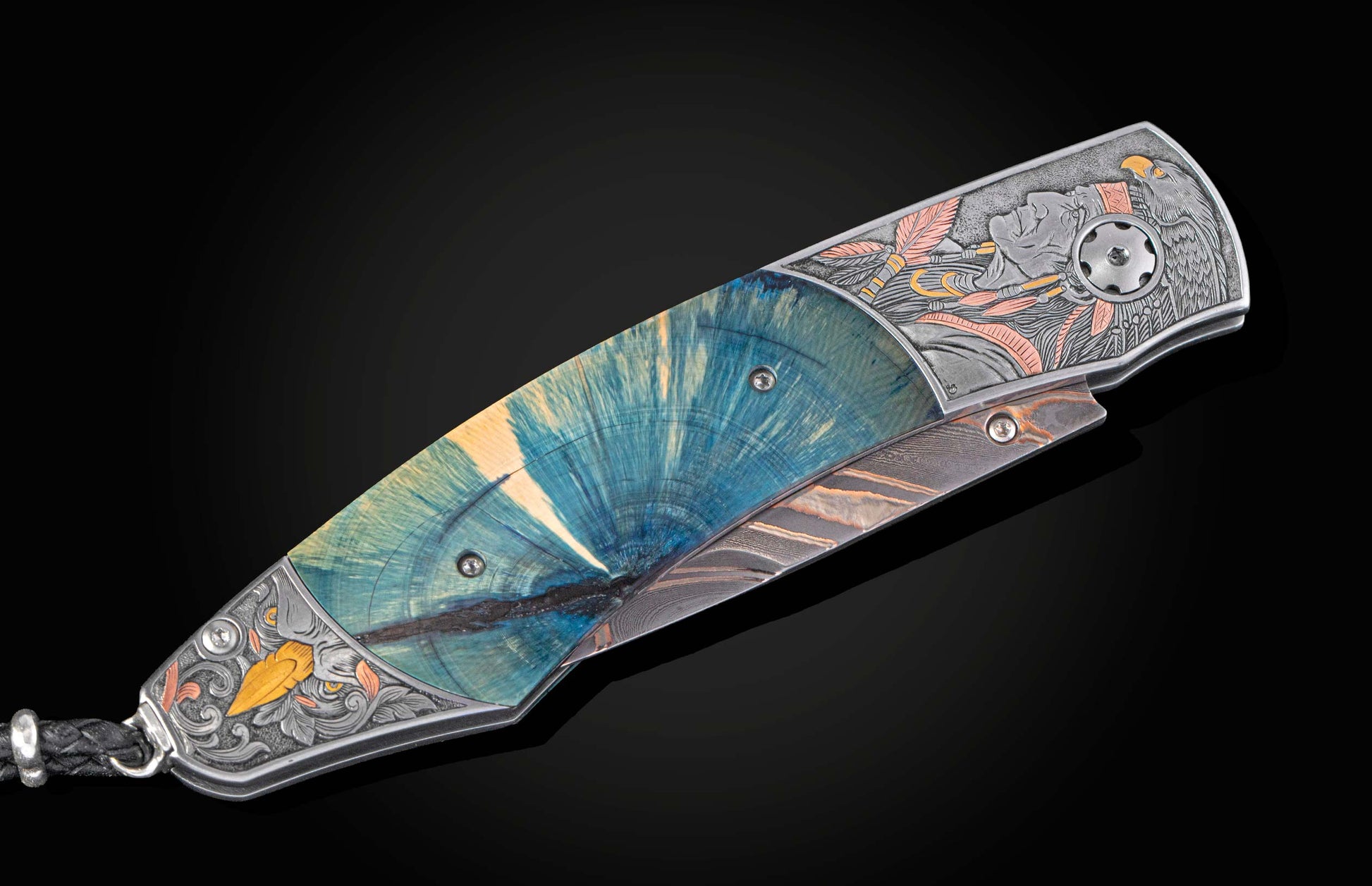 Decorative knife with hand engraved portrait of Native American with fossil wooly mammoth tusk shown closed on a black background