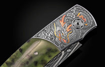 Luxury folding knife with intricate Chinese dragon engraving on silver bolster, green marbled handle, and black textured scales, side view.