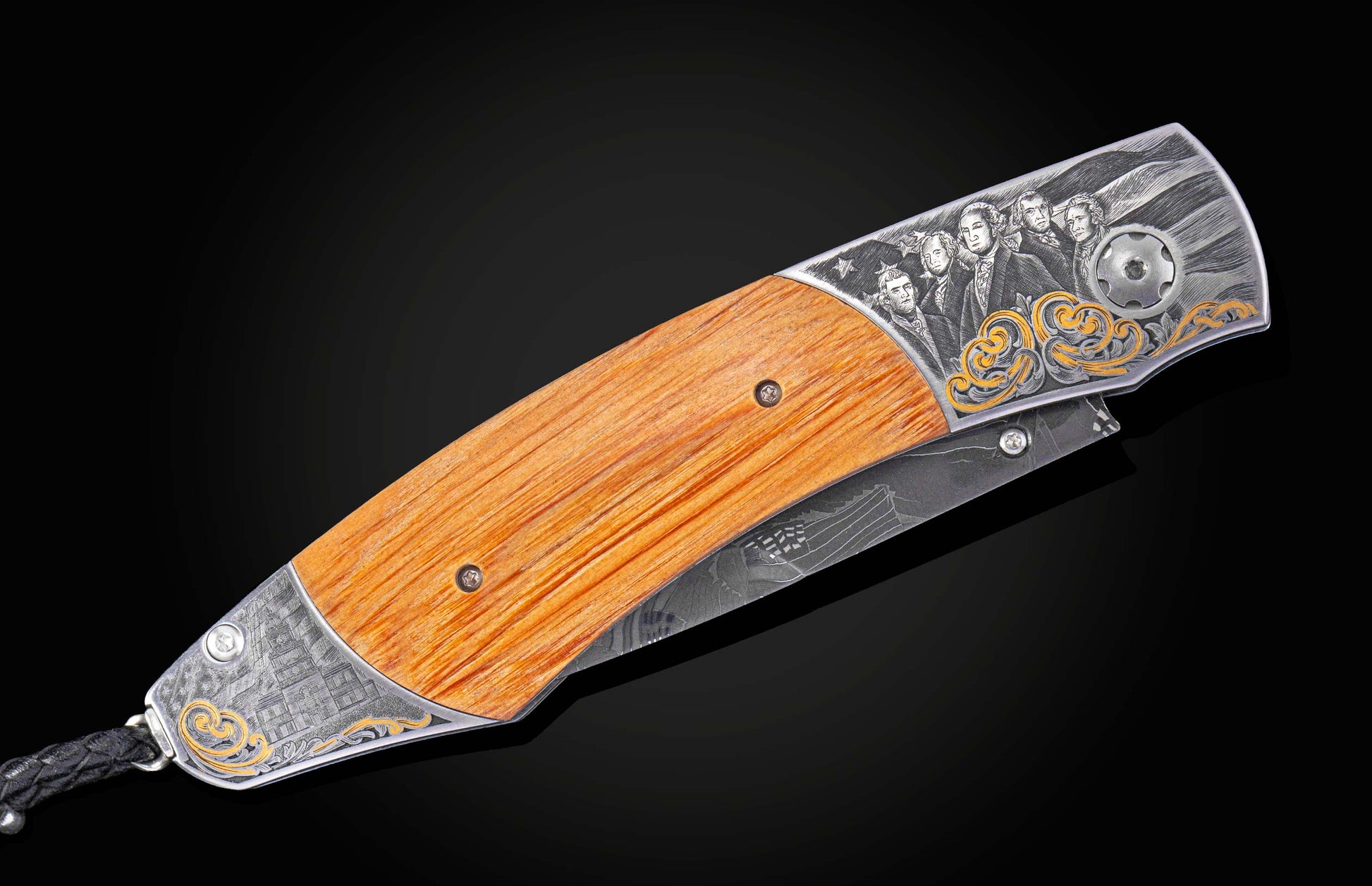 Folding knife with wood handle and intricate hand engraving of historical event. Knife shown closed open.