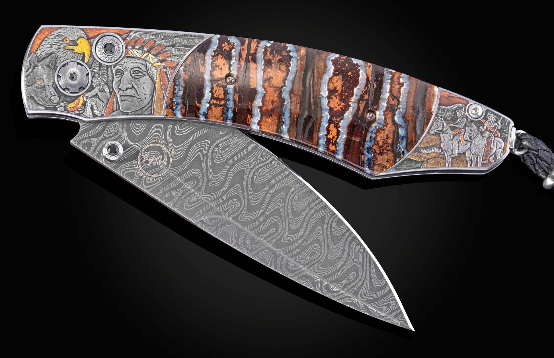 Decorative folding knife with fossil wooly mammoth tooth scales and hand carved depictions of native Americans with the blade part way open