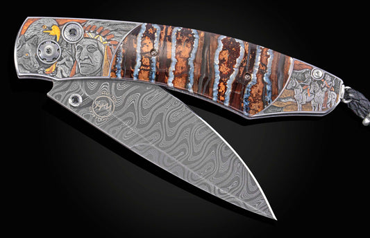 Decorative folding knife with fossil wooly mammoth tooth scales and hand carved depictions of native Americans with the blade part way open