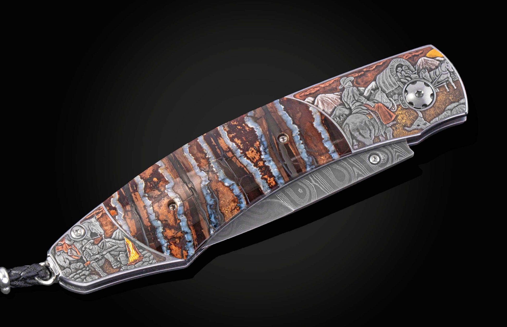 Decorative folding knife with fossil wooly mammoth tooth scales and hand carved depictions of cowboys with the blade closed