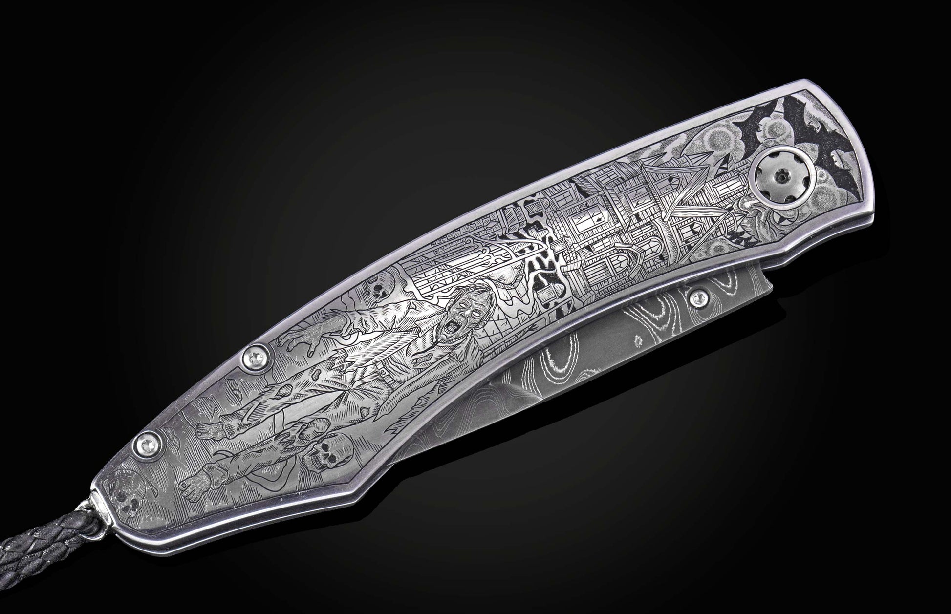 Luxury folding knife with intricate Halloween-themed engraving, featuring zombies and haunted scenes, by B12, silver-toned metal with damascus blade, side view on black background