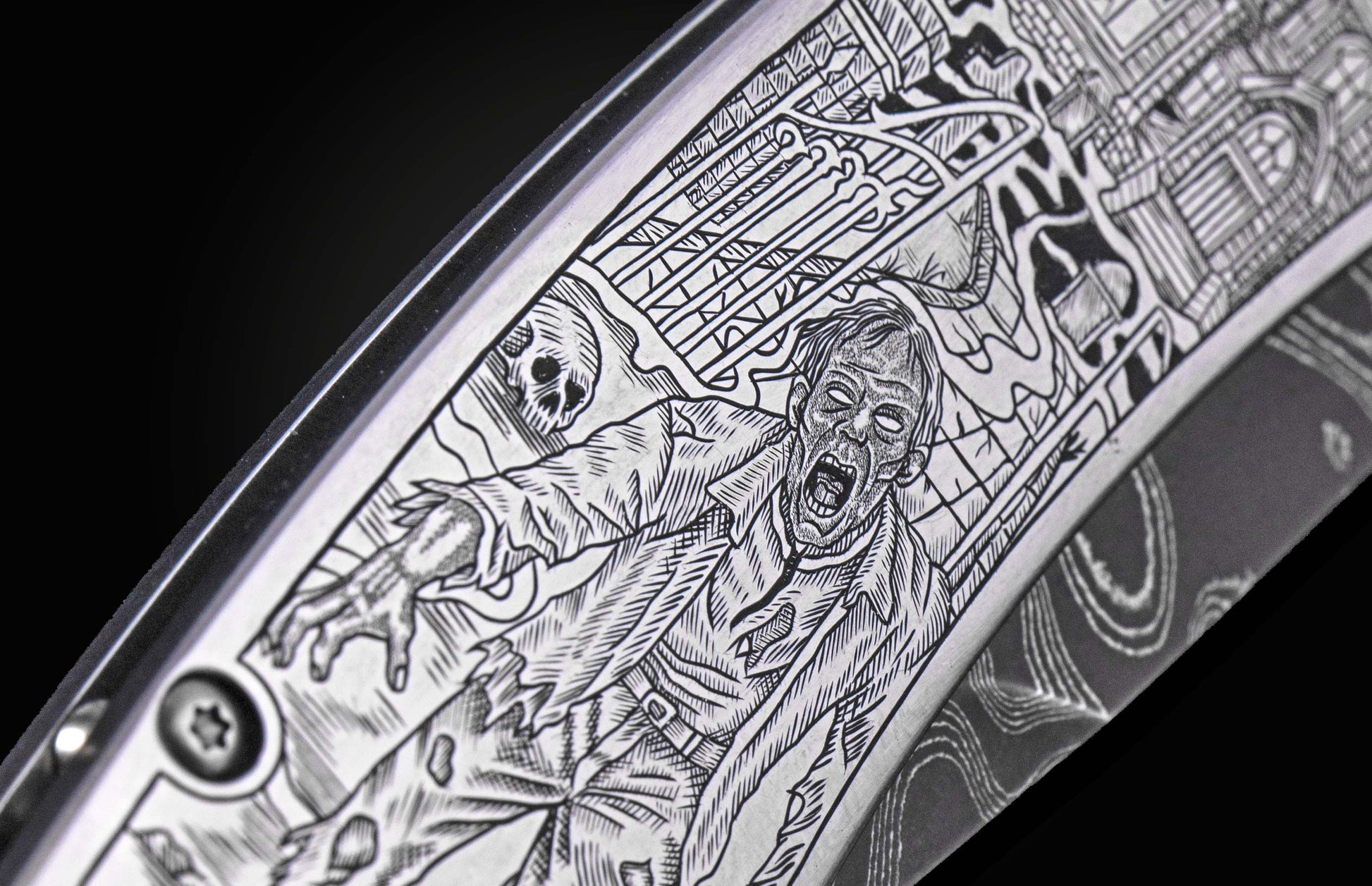 Stainless steel Halloween-themed knife with intricate zombie engraving, side view, detailed gothic artwork, luxury finish