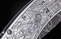 Stainless steel Halloween-themed knife with intricate zombie engraving, side view, detailed gothic artwork, luxury finish