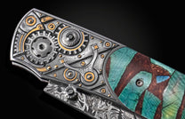 Steampunk-inspired folding knife with intricate gear detailing and turquoise mosaic handle, side view showcasing textured metalwork and gem accents.