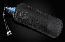 Black leather sheath with a knife featuring a blue handle on a black background