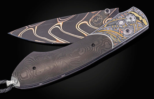 Decorative folding knife with intricate hand engraved patterns and gold inlays on a black backgroud