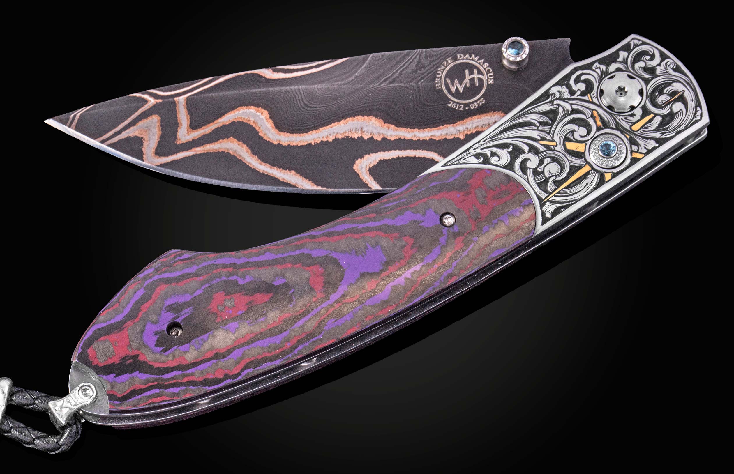 Luxury folding knife with bronze damascus blade and purple-red marbled handle, by William Henry, featuring intricate silver filigree and sapphire accents, side view on black background