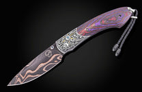Luxury bronze damascus knife with purple-red marbled handle, intricate silver filigree, and blue gem accents, by B12 MORNINGSTAR, side view on black background