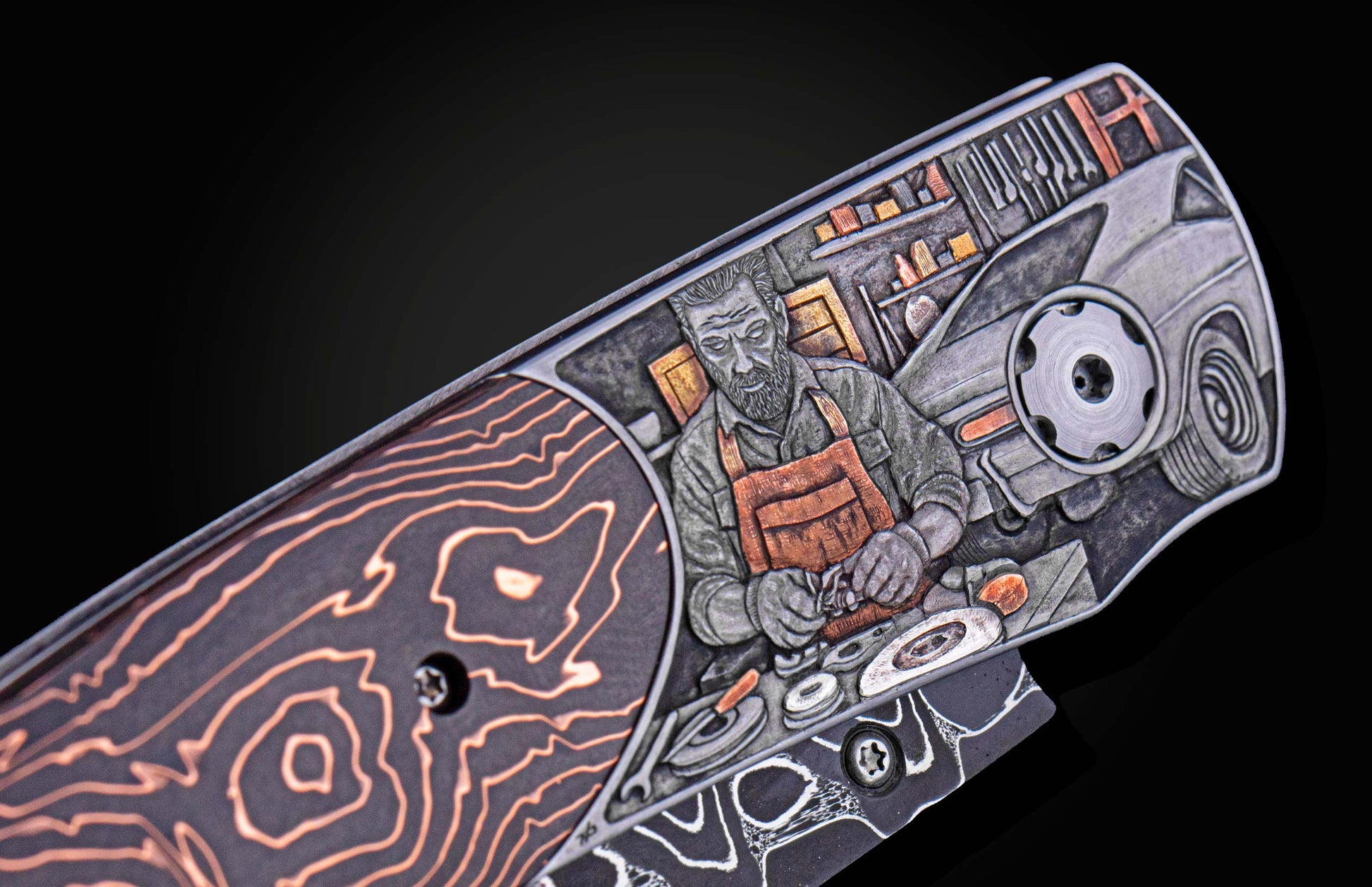 Folding knife with Damascus steel blade and hand engravings on a black background