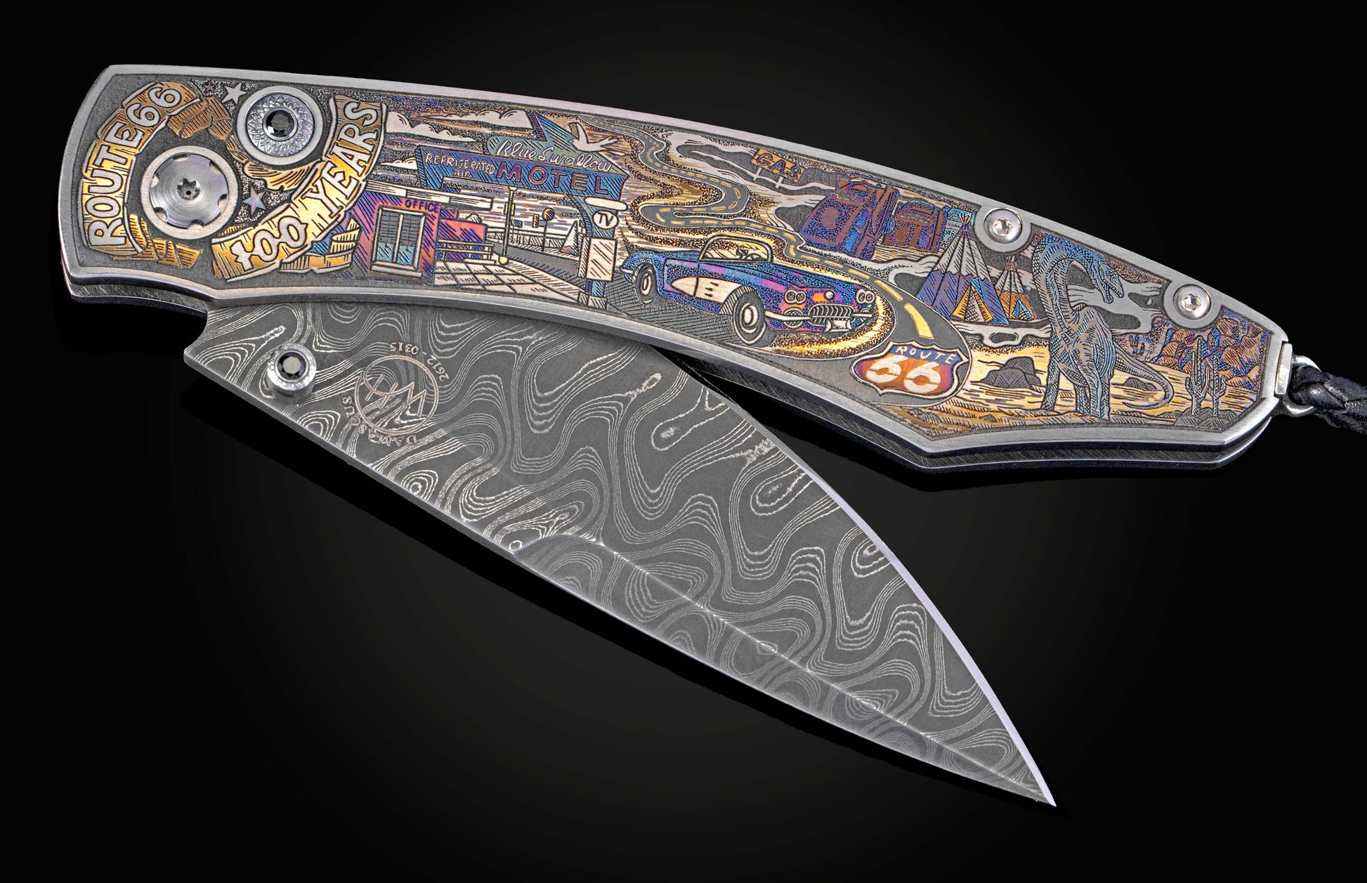 Color laser engraved knife depicting scenes from Route 66 shown partially open