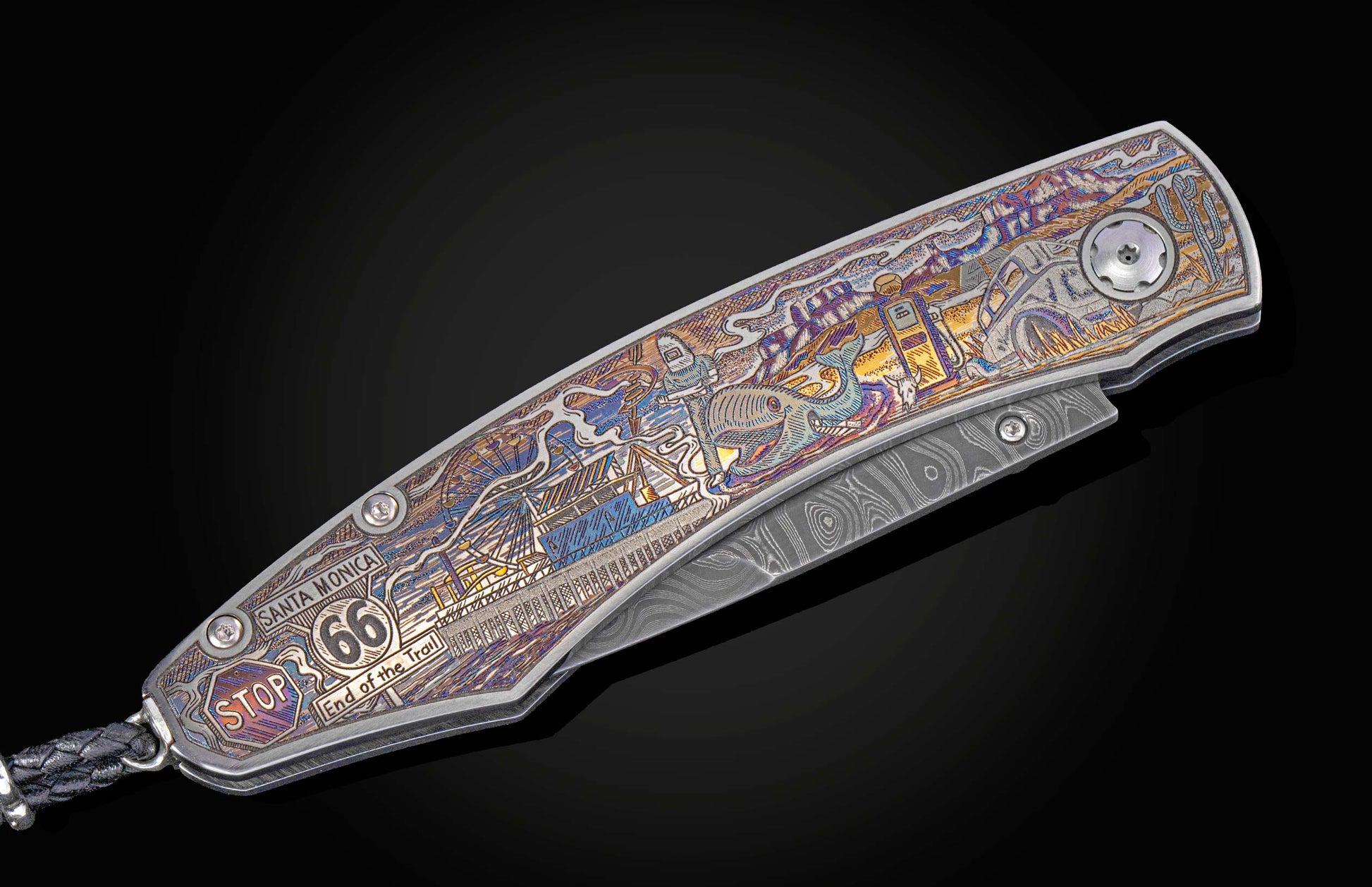 Color laser engraved knife depicting scenes from Route 66 shown closed