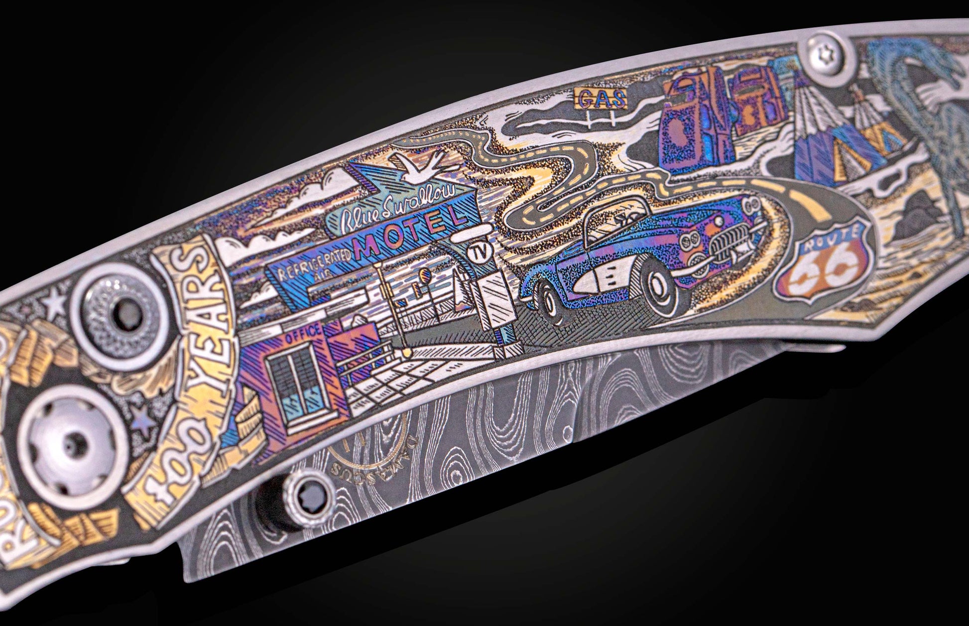 close up of color laser engraved knife depicting scenes from Route 66 
