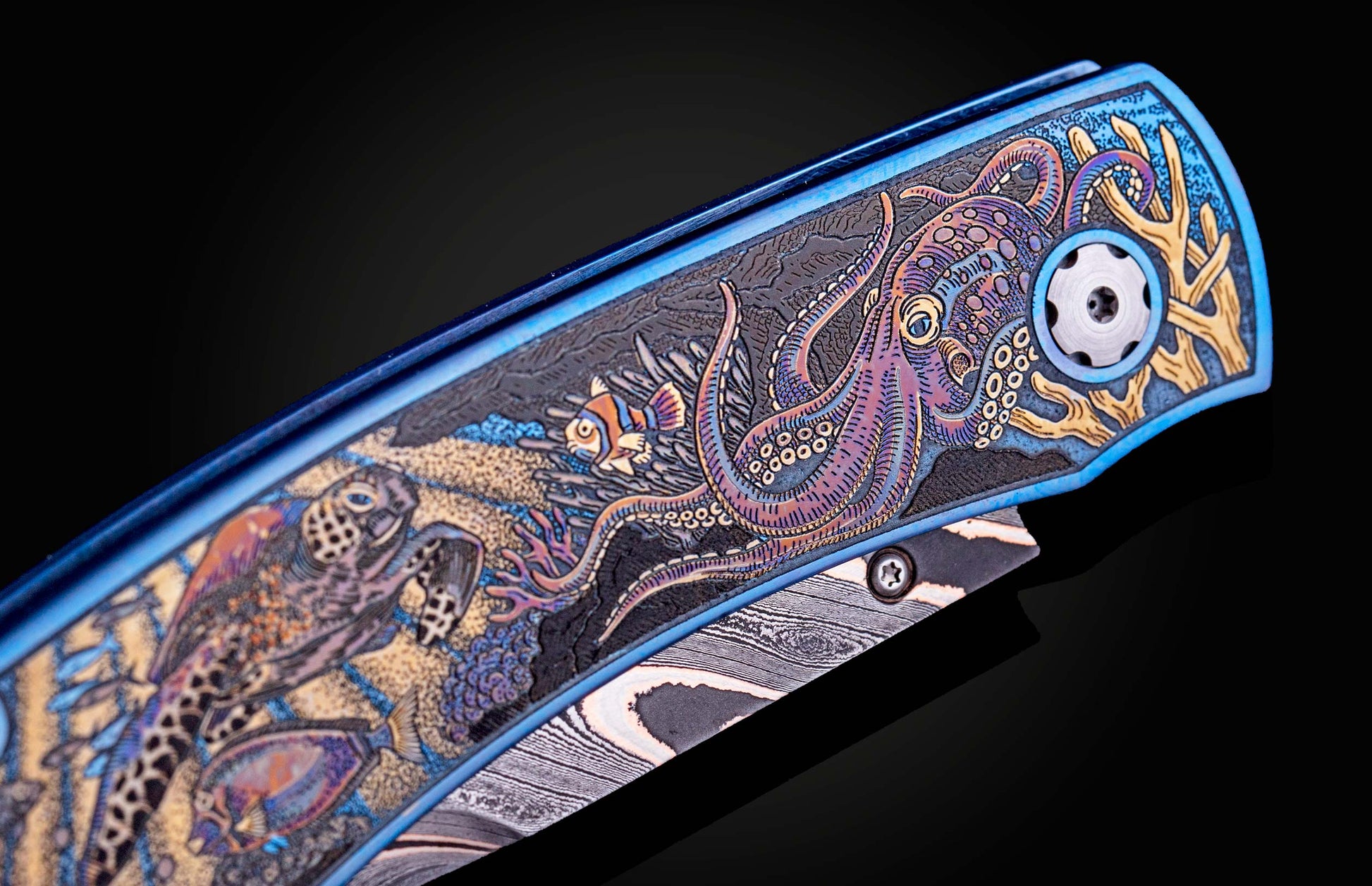 Color laser engraved William Henry Knife with damascus steel blade showing sea life