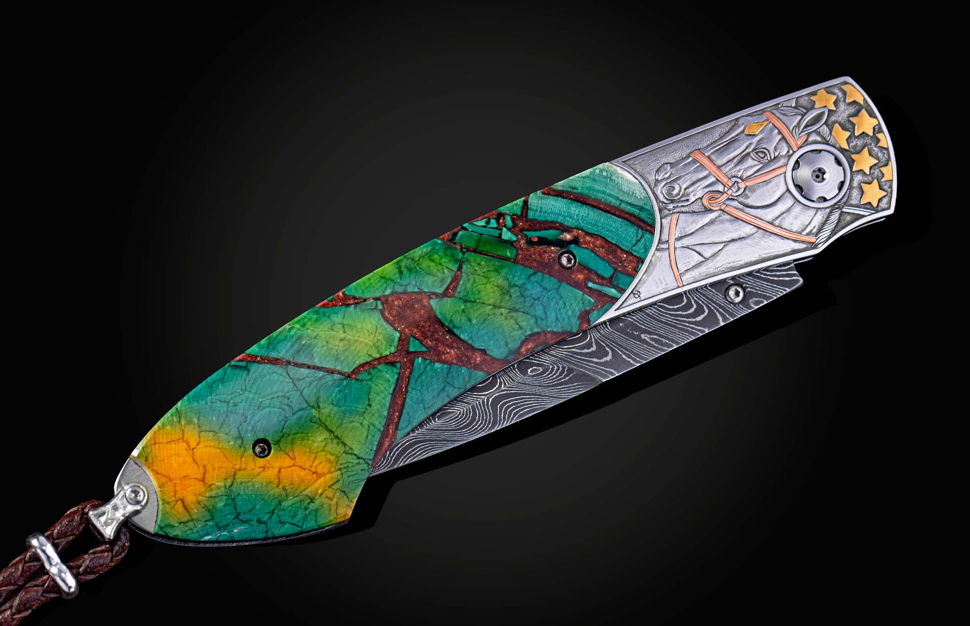 Folding knife with a green, turquoise, and yellow handle featuring red veins, a silver horse head bolster with gold stars, and a Damascus steel blade.
