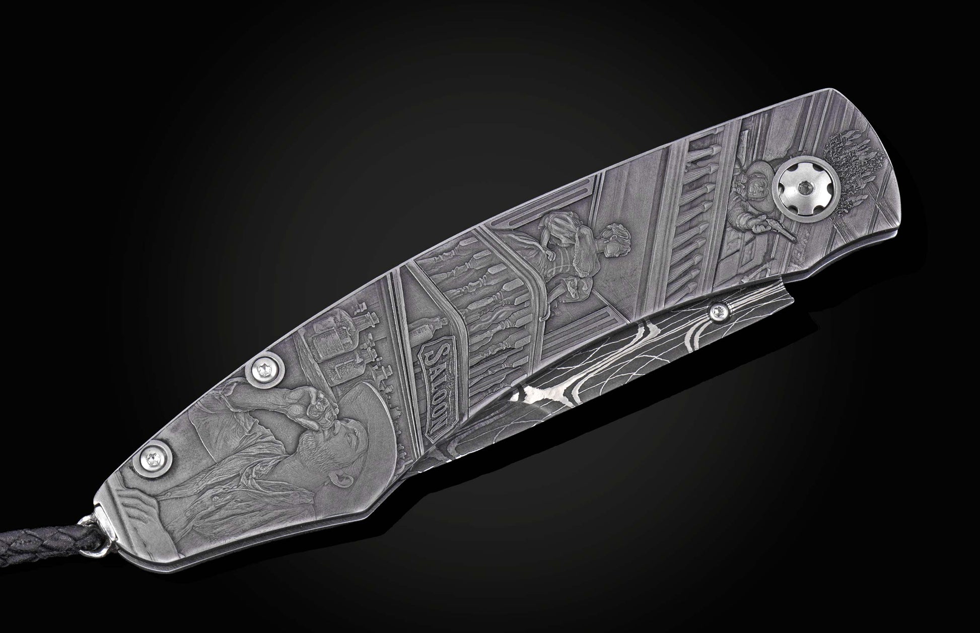 Silver-toned folding knife with an intricately engraved handle depicting a Western saloon and a patterned Damascus blade.