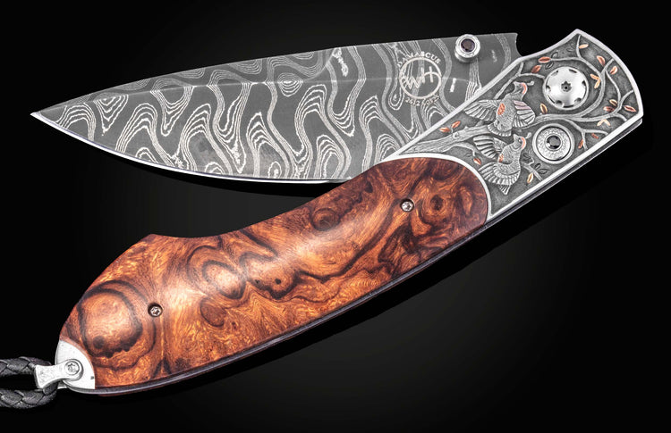 Damascus steel folding knife with two quails engraving on silver bolster, rich burl wood handle, side view on black background