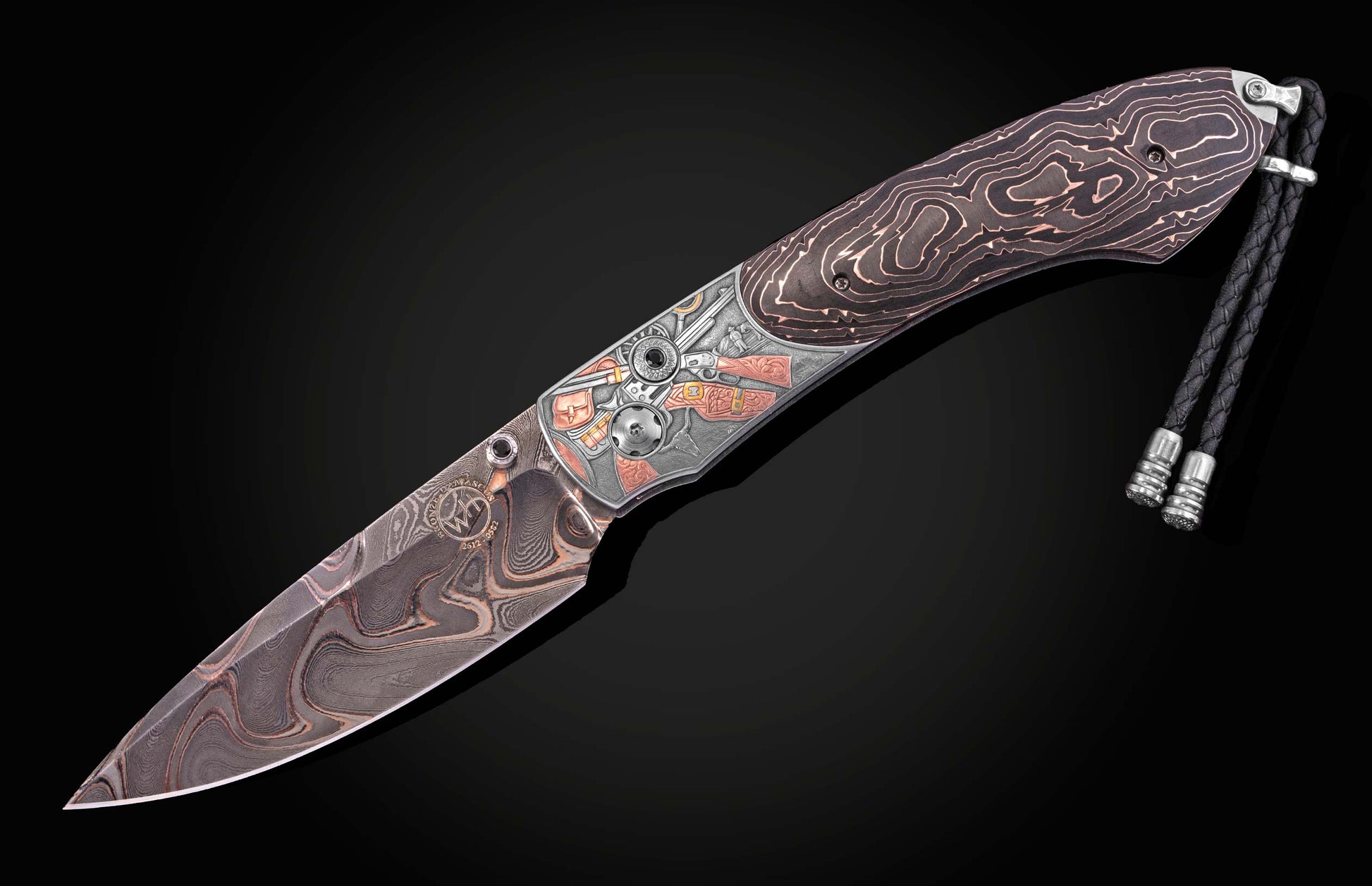 Damascus steel Western-style knife with intricate wave pattern, copper accents, and braided lanyard, side view on black background