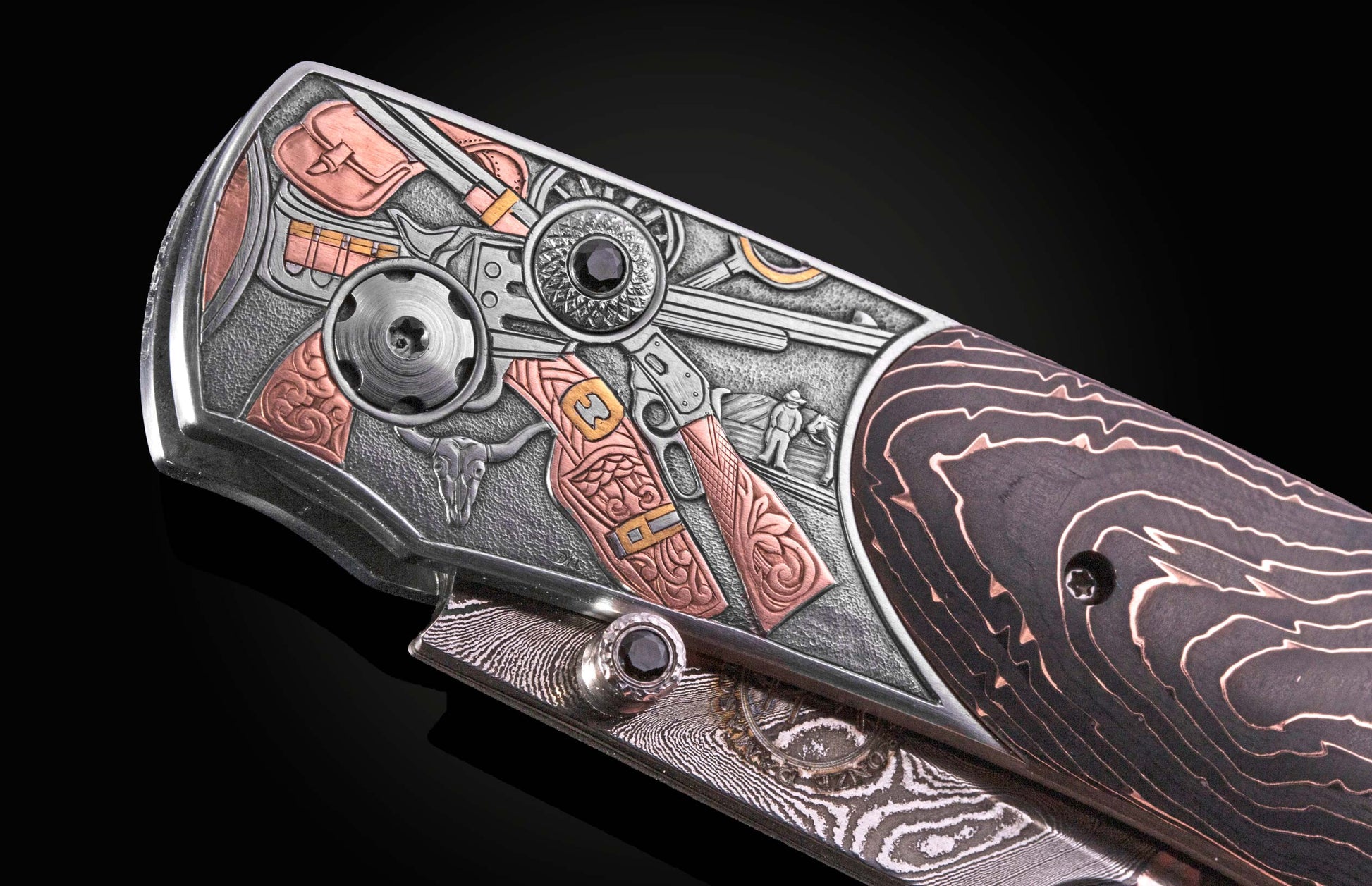 Western-themed folding knife with intricate silver and copper inlays, featuring cowboy motifs and Damascus steel handle, side view close-up